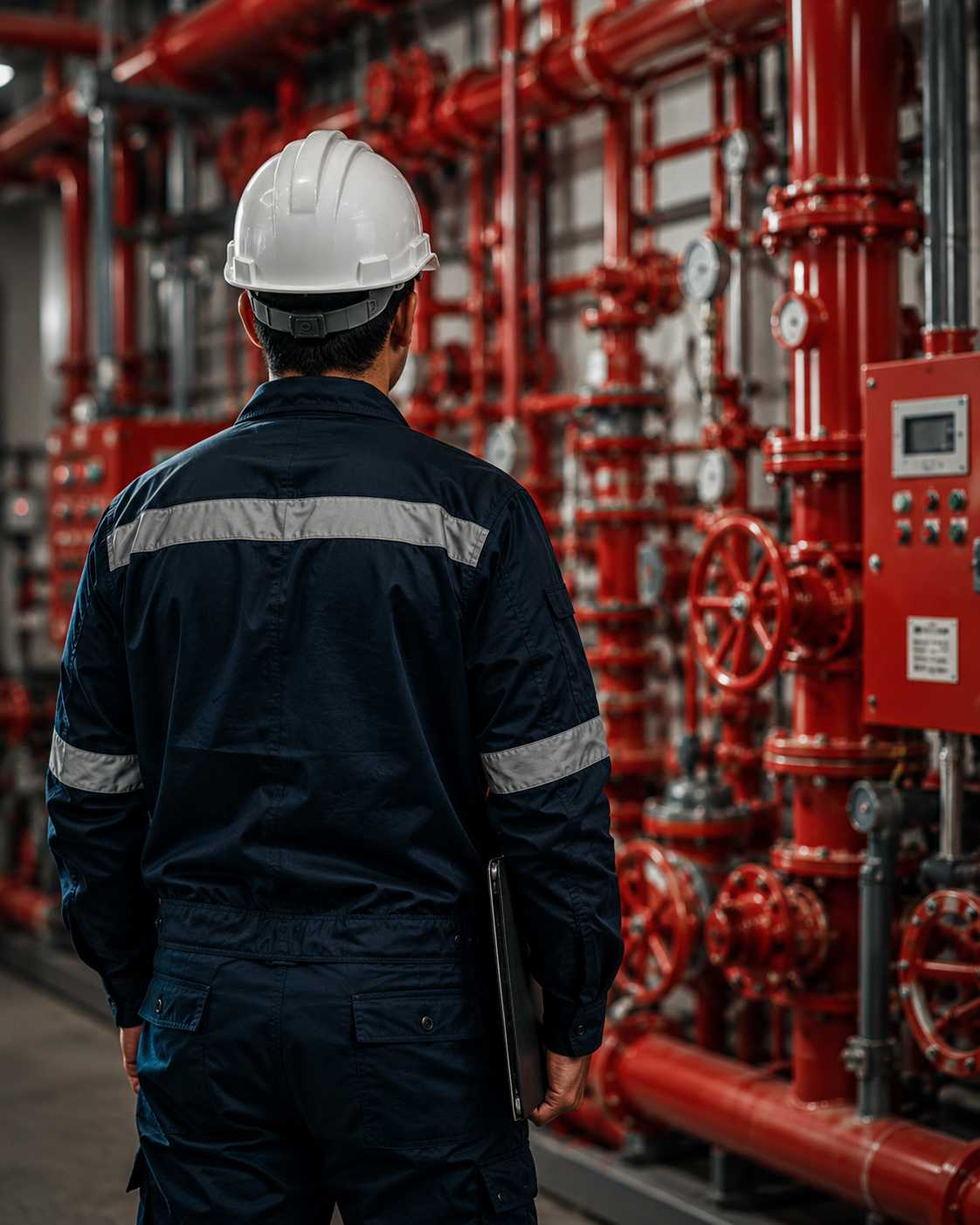 Industrial worker in fire suppression room